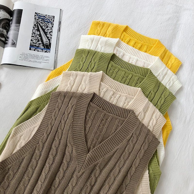 DIYI - Effen kabelgebreid vest met V-hals