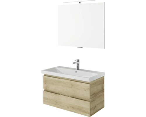 3-delige badkamermeubelset Pelipal serie 4035 BxHxD 90 x 200 x 43,5 cm, frontkleur eiken riviera, met keramische wastafel in wit en keramische wastafelkast, spiegel met LED-verlichting 40350900122470