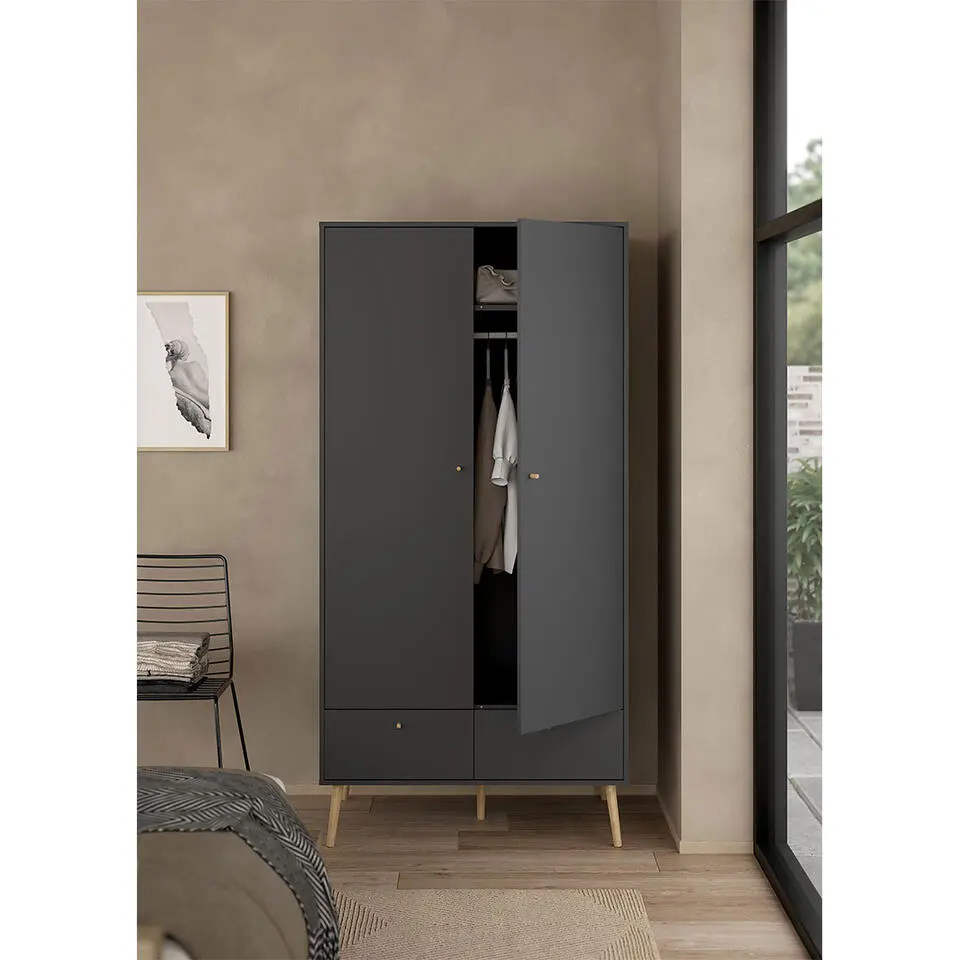 Hioshop Bodo kledingkast 200x99x58cm- 2 deuren- 2 lades matgrijs