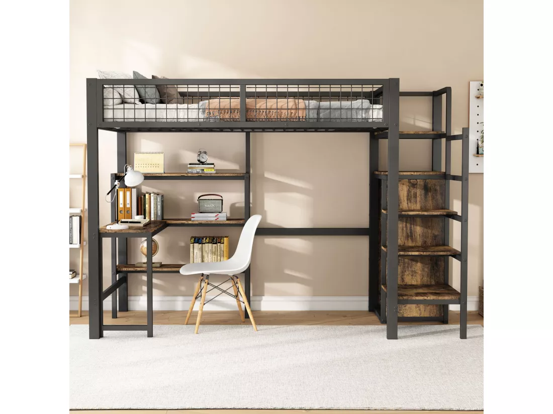 90 * 200cm lits superposés, lit en fer, sous la table, plusieurs étagères, armoire intégrée, noir