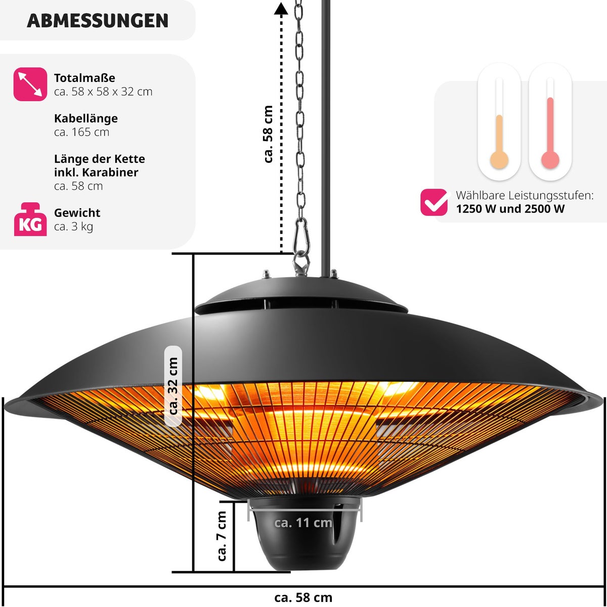 tectake Solaris Orbit infraroodstraler, 2 vermogensniveaus, 1250 en 2500 W, eenvoudige installatie, 58 x 58 x 32 cm