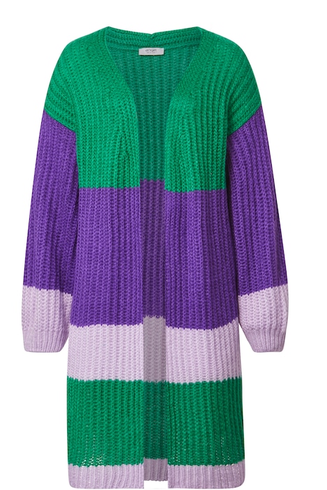 Long-Strickjacke, oversized, Blockstreifen, offene Form, Langarm