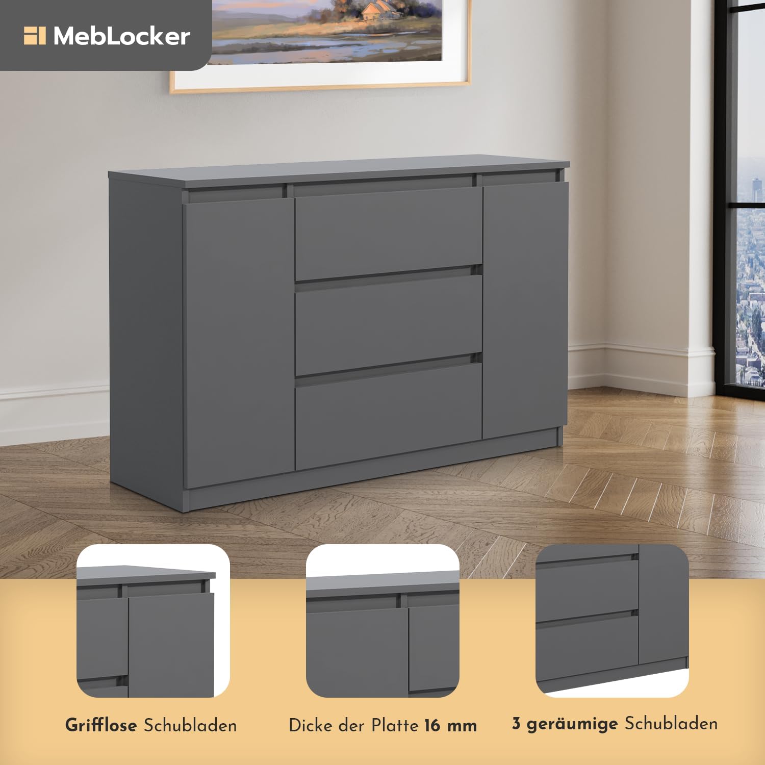 Kommode mit 3 Schubladen 2 Schranktüren 120 cm Ideal für Wohnzimmer, Schlafzimmer, Kinderzimmer und Büro Moderne Elegante Lösung für stilvolle Aufbewahrung (Anthrazit)