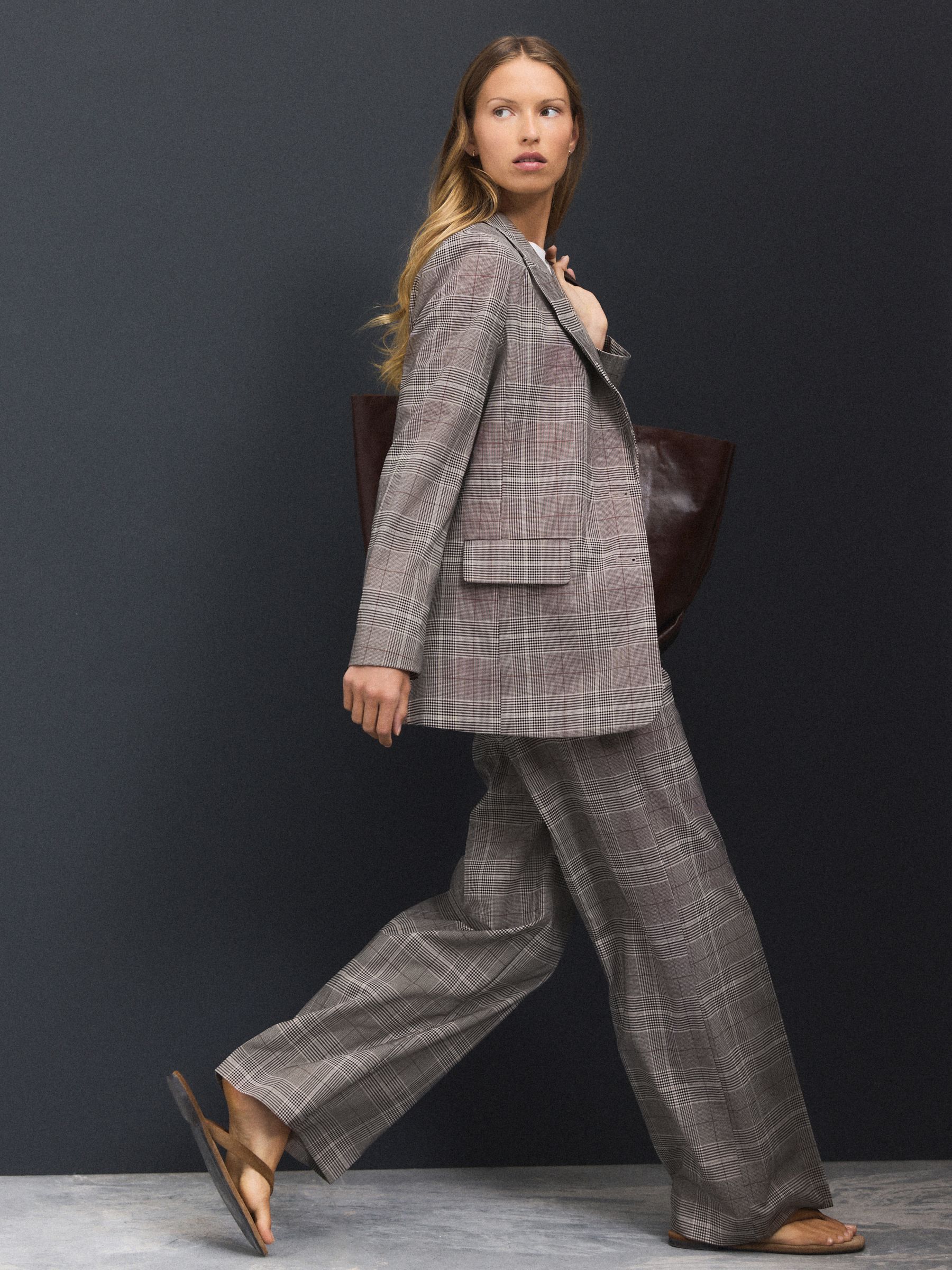 Bruin - Geruite blazer met enkele knopenrij