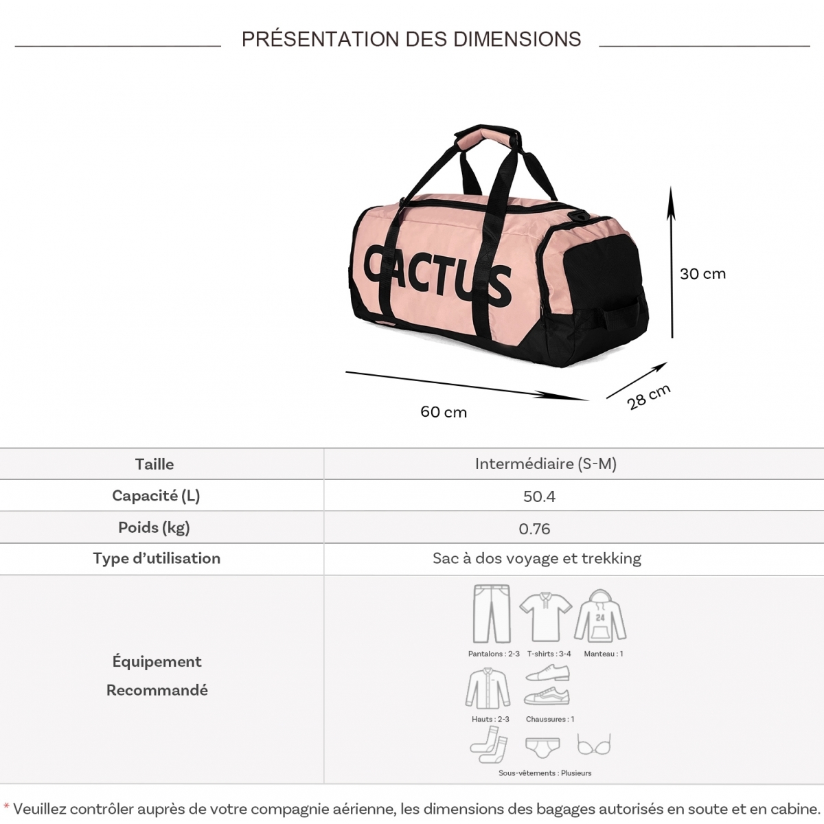 Cactus Sac de voyage week-end et sport 50L Cactus 2en1 porté dos sans roulettes