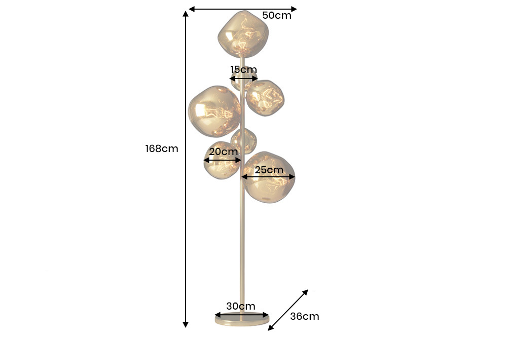 Design Stehlampe LIQUID DIAMOND 170cm gold Glas Stahl sieben Schirme Kugelleuchte