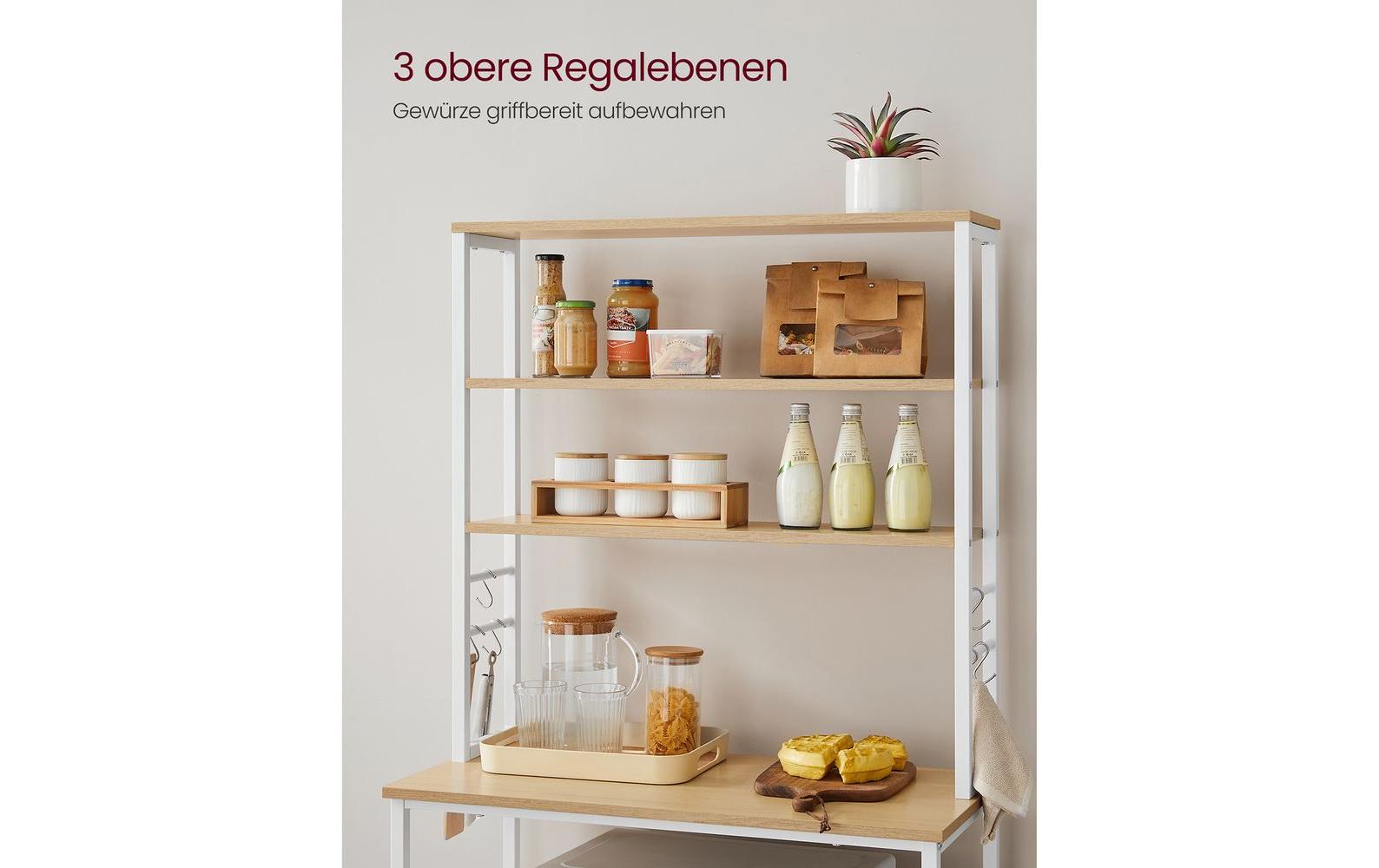 Küchenregal 6 Haken 80 cm x 167 cm, Braun/WeissRegal mit 3 Ablagen
