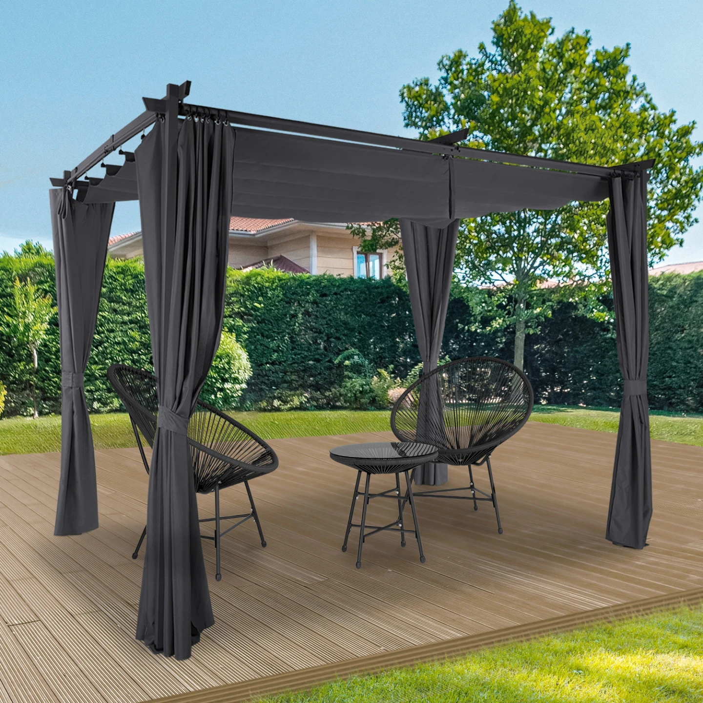 Pergola édition limitée toit rétractable 3x3 M et 4 rideaux gris anthracite