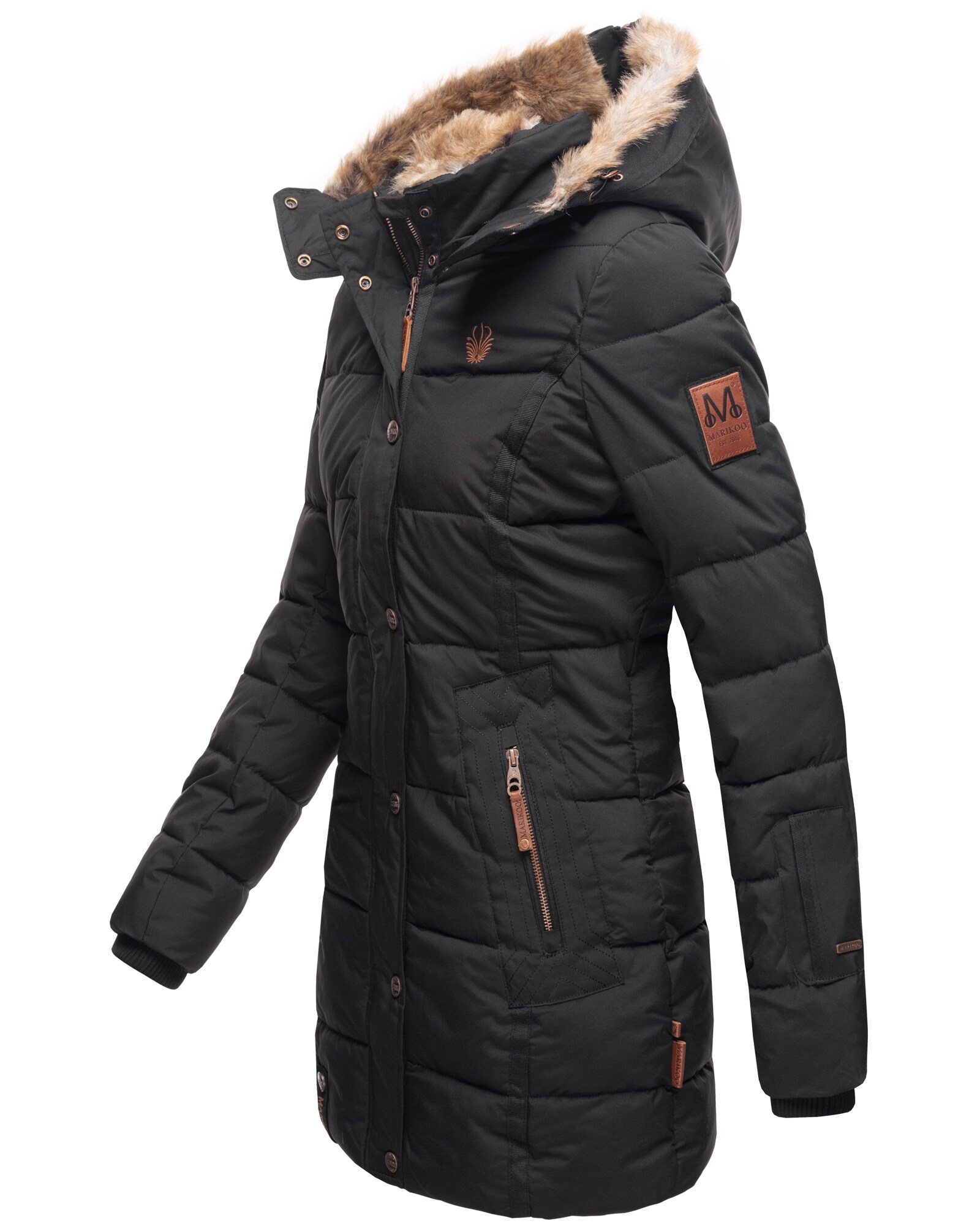 MARIKOO Damen stylischer Wintermantel Steppmantel mit Kunstpelz-Kapuze Lieblings Jacke