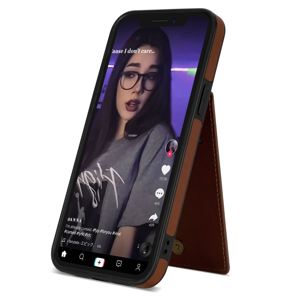 iPhone 14 Pro Hybrid Leder Hardcase Hülle mit Kartenfächer mit Aufsteller (RFID Schutz) - Braun