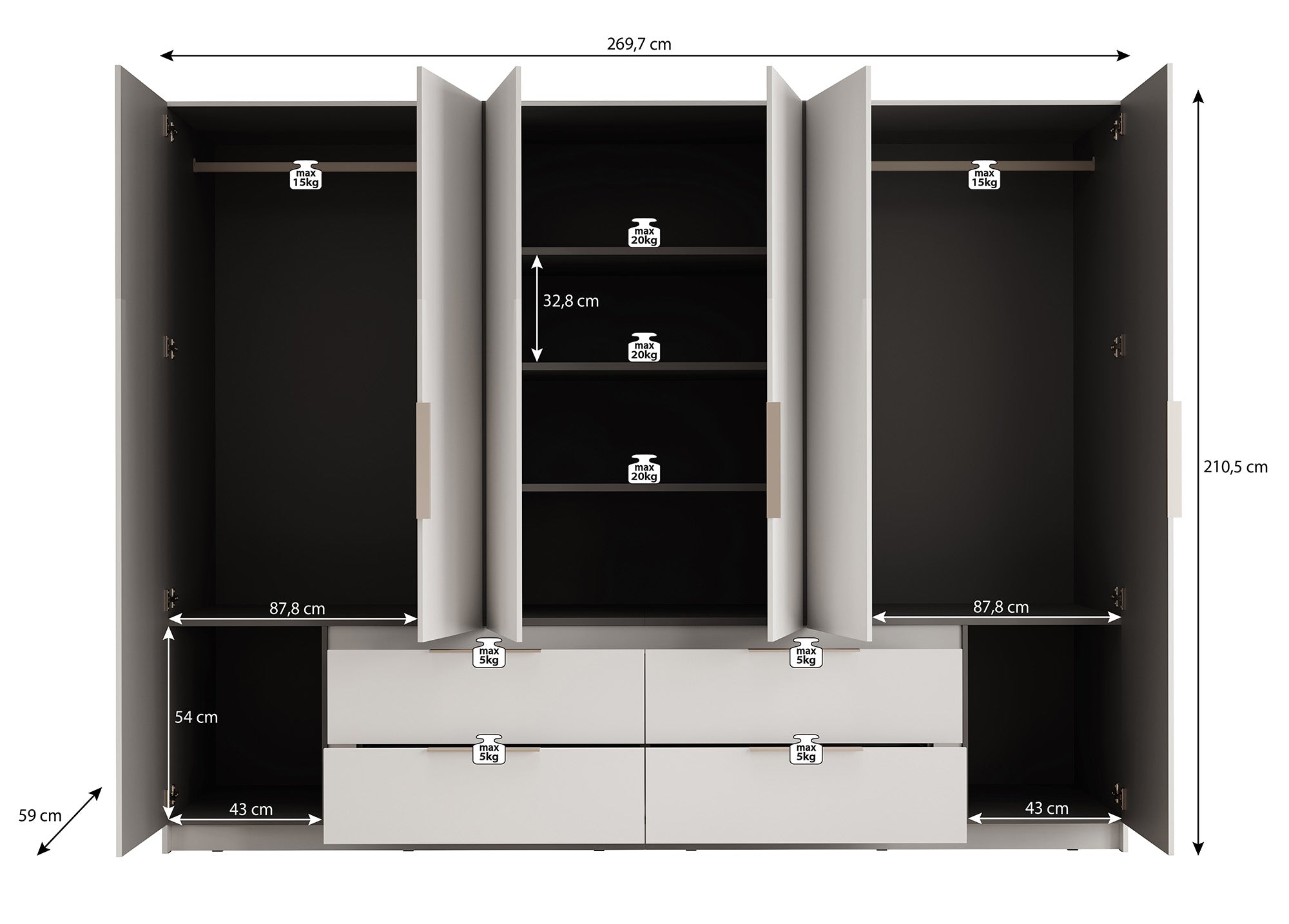 Meubella - Kledingkast Leipzig - Wit - 270 cm