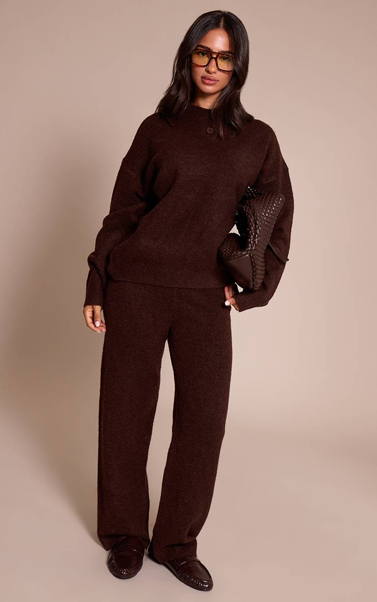 Marron Pantalon Large Tricoté À Taille Côtelée Petite