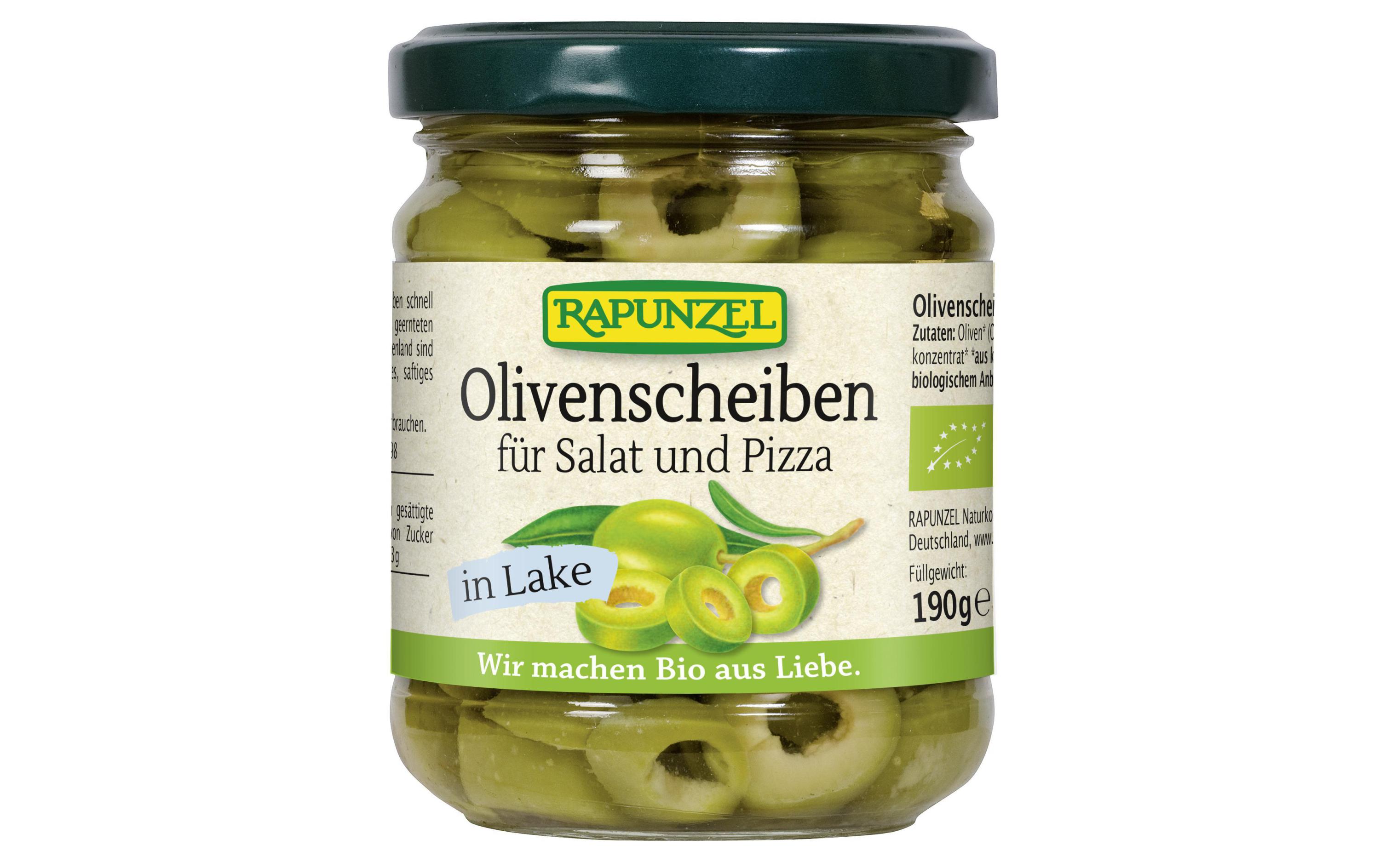 Bio Olivenscheiben grün 90 gBio Olivenscheiben grün für Salat und Pizza