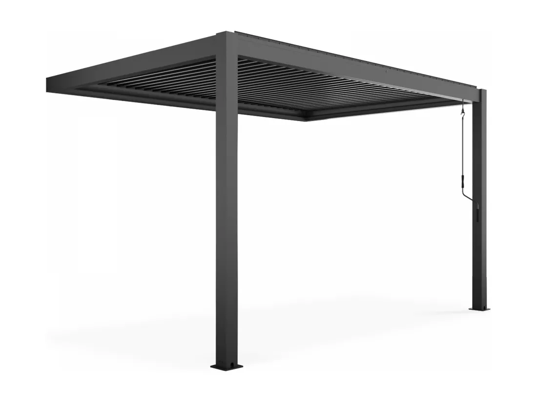 Pergola bioclimatique adossée gris 3x4m et 2 Stores 2,66 x 2,34 m
