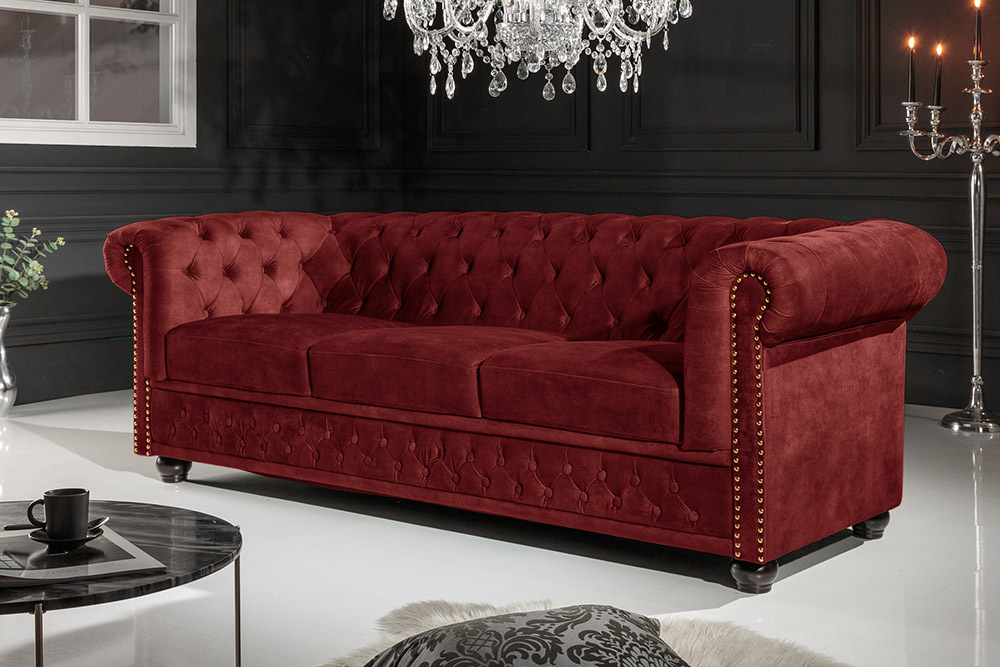 Barock Sofa CHESTERFIELD 205cm rot Samt Federkern Knopfheftung 3-Sitzer Couch