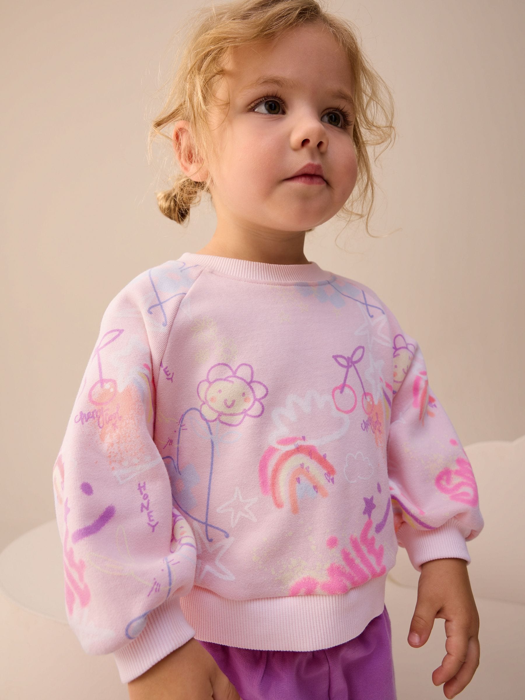 Roze/paars Doodle - Set van sweatshirt en joggingbroek met rechte wijde pijpen (3mnd -7jr)