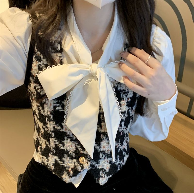 Monroll - Blouse met strikband / Pied-de-poule gilet / A-lijn rok