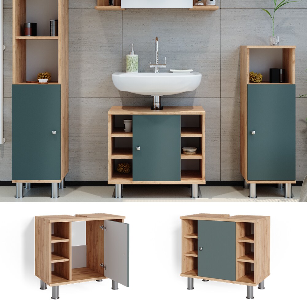 Vicco Waschtischunterschrank Badschrank Unterschrank Fynn Eiche Grün Badmöbel