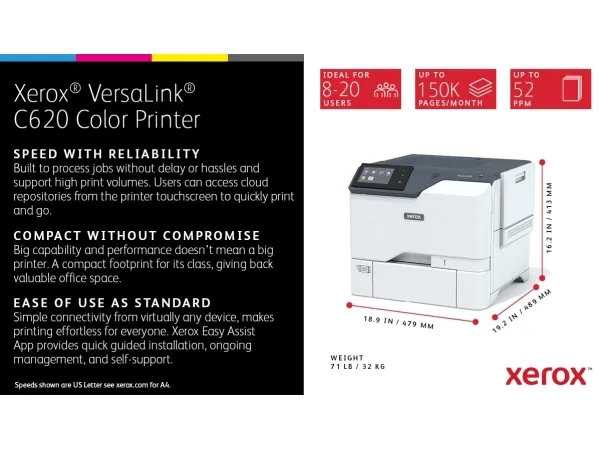 Xerox VersaLink C620V_DN - Printer - farve - Duplex - laser - A4/Legal - 1200 x 1200 dpi - op til 50 spm (mono) / op til 50 spm (farve) - kapacitet: 650 ark - Gigabit LAN, USB 2.0, NFC, USB vært - Green World Alliance returneringsprogram