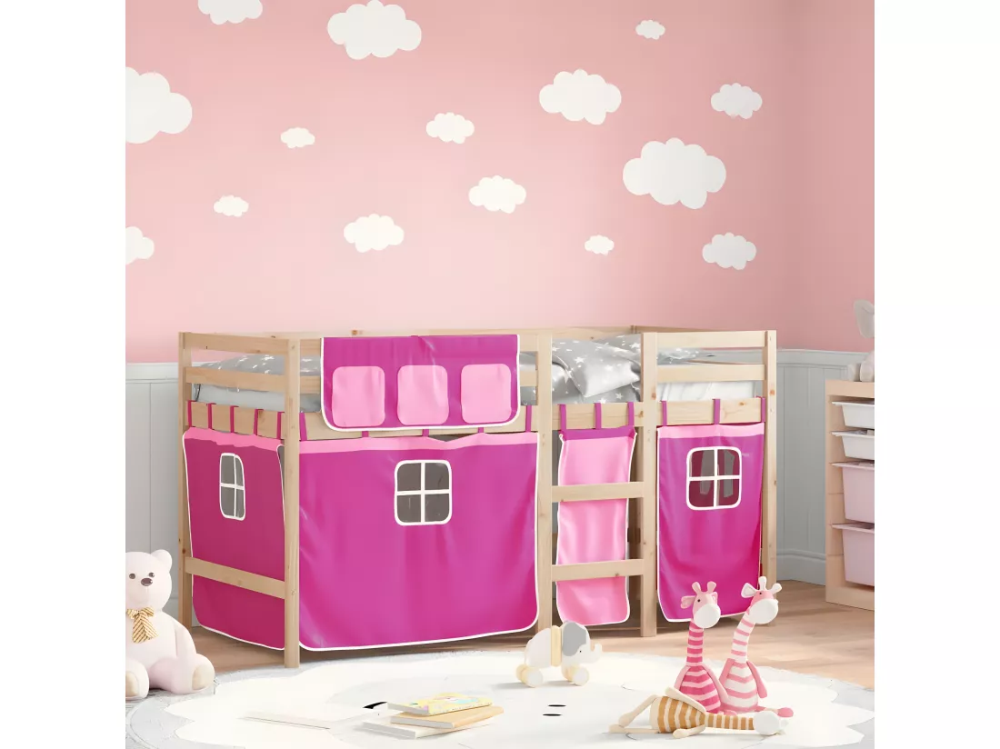 Lit mezzanine enfants et rideaux rose 90x200cm bois pin massif