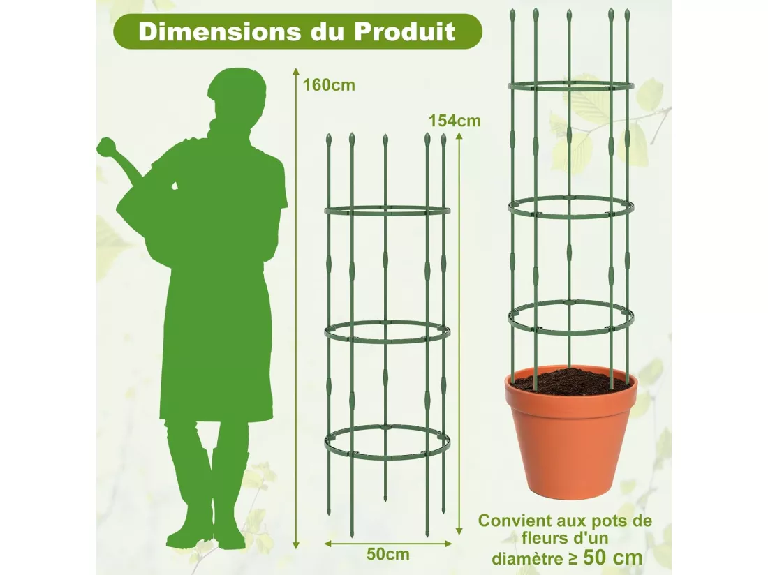 Lot de 3 Treillis Obélisque de Jardin pour Plantes, Support pour Plantes Grimpantes en Métal Réglable avec Clips Attaches, Cage et Supports 2 en 1 pour Vigne Fleurs Légumes(50 x 154 cm)