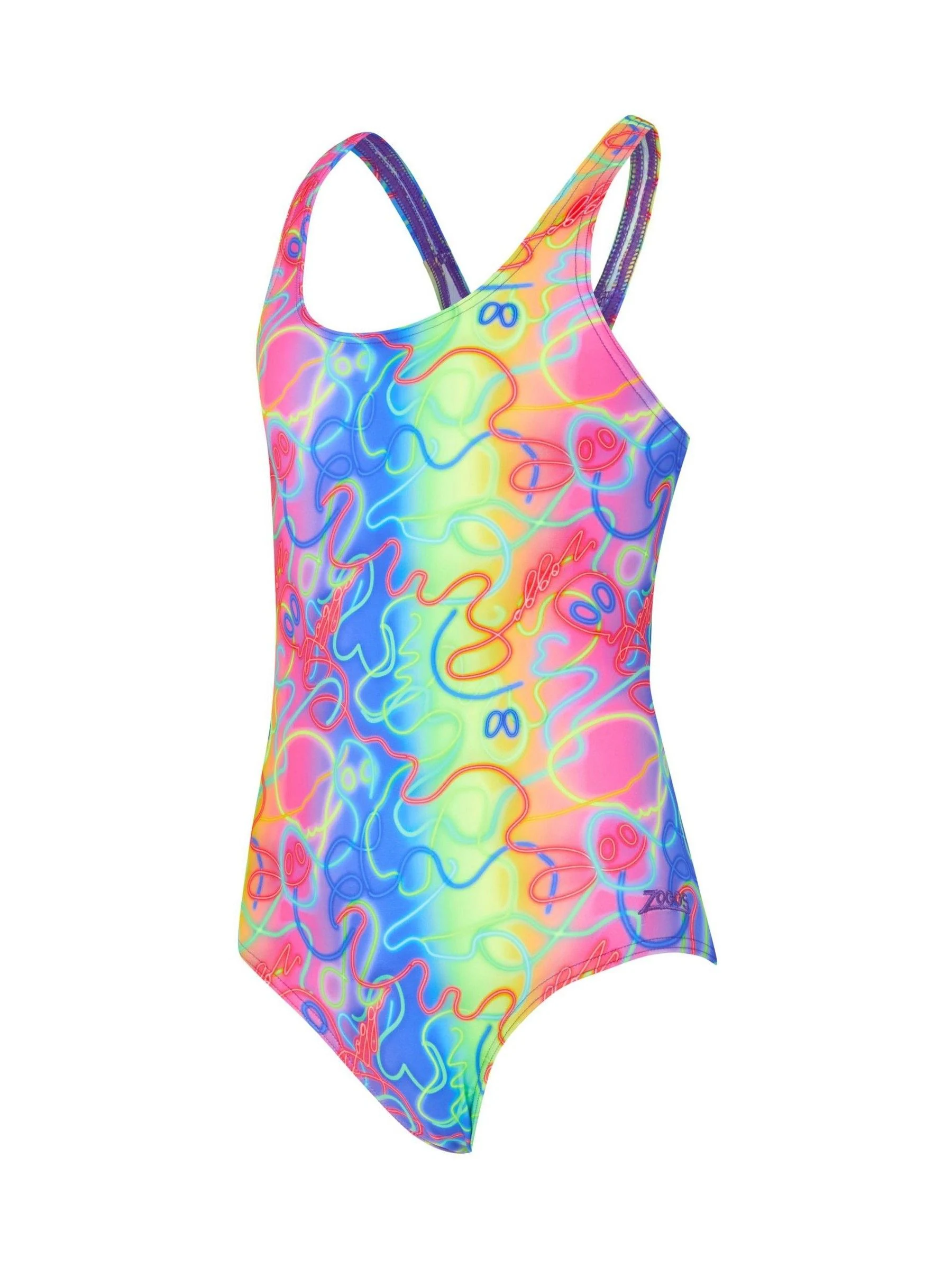 Zoggs Girls Purple Rowleeback Disco vibes Front Lined Swimsuit