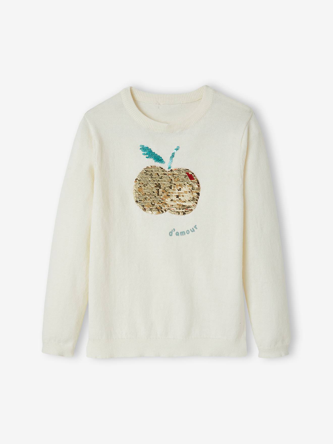 Suéter com estampa de lantejoulas, para meninas, branco-creme