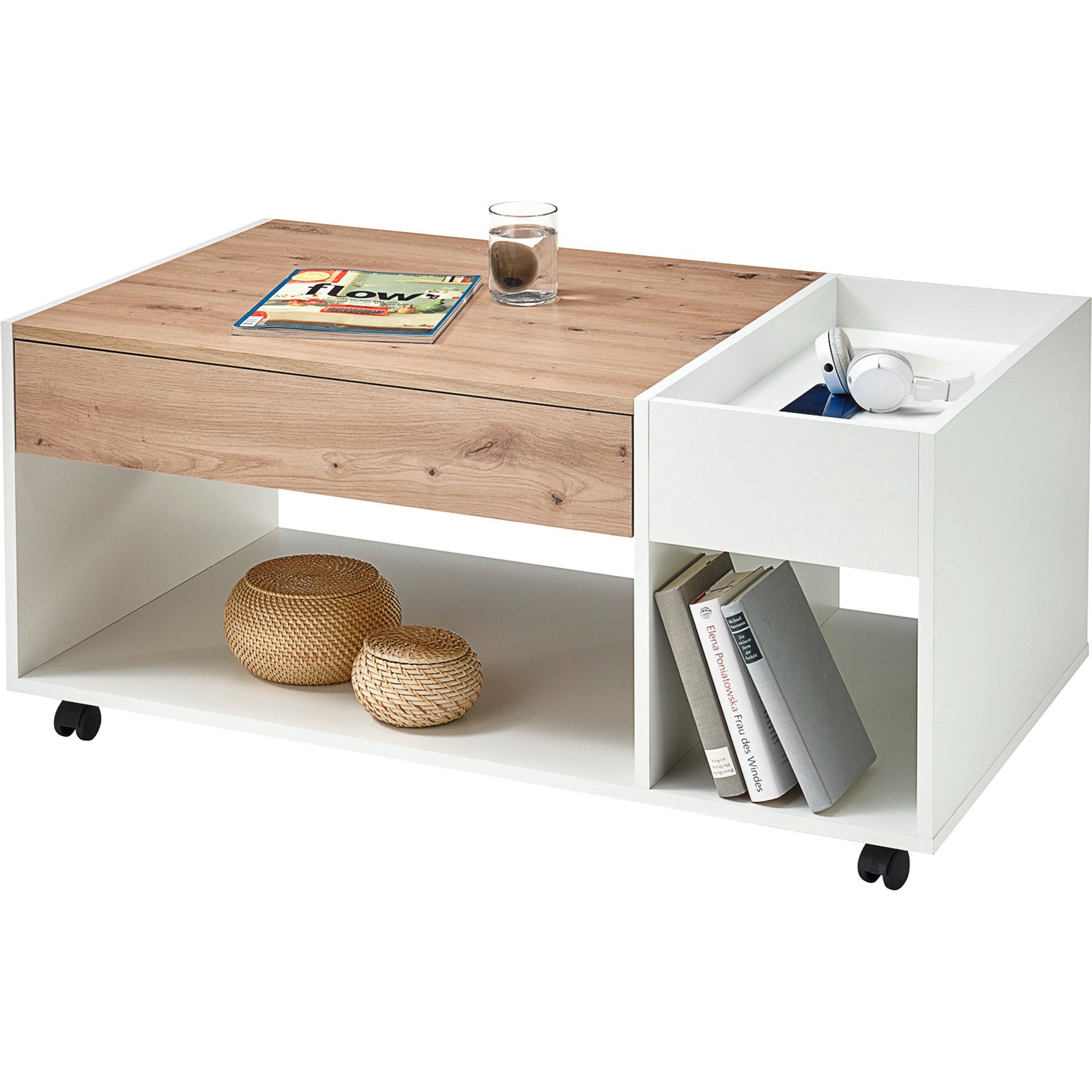 Salontisch Emil auf Rollen Dekor weiss Eiche Artisan 110 x 44 x 60 cm