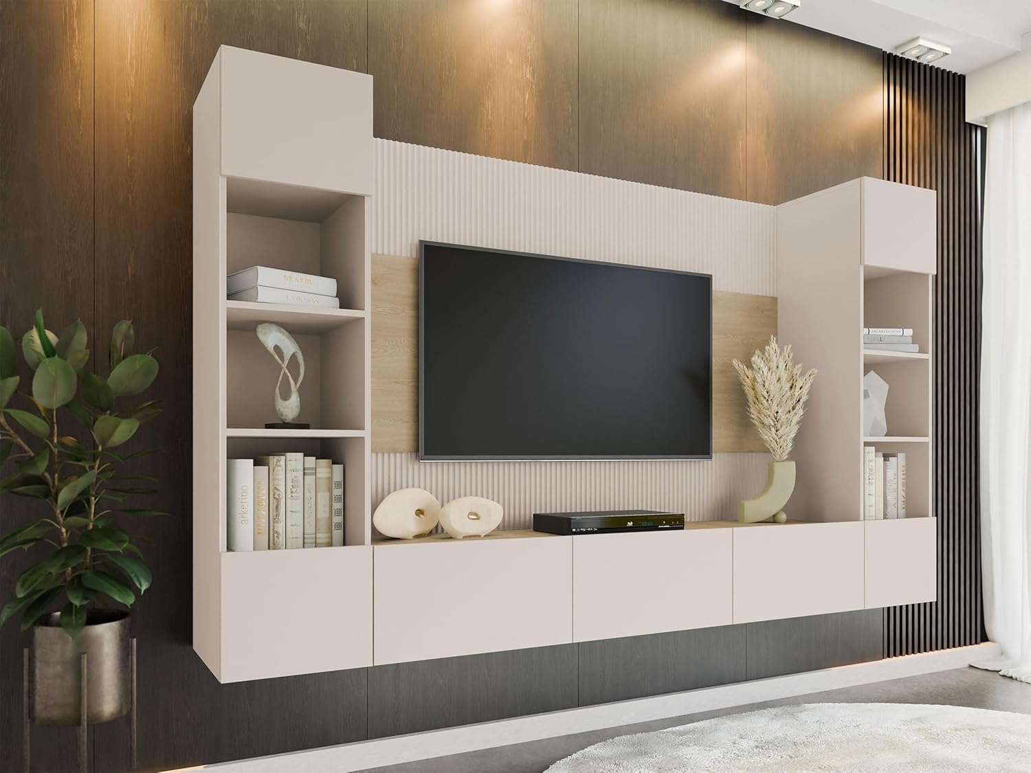 Mirjan24 Wohnwand Deromi, Anbauwand mit Wandpaneele und TV-Lowboard, Akustikplatten, Fernsehschrank, Schrankwand, Mediawand, TV-Lowboard (Sandbeige + Eiche Cremona, 2X Hängeregal)