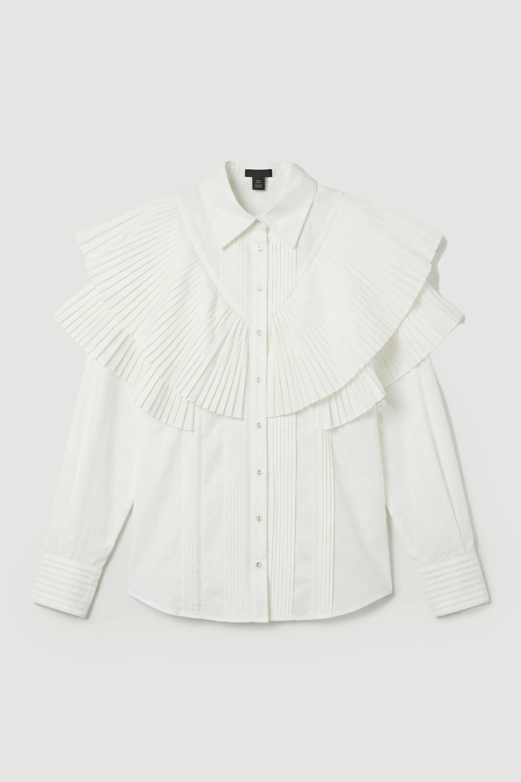 KarenMillen Chemise Tissée à Col avec Détails Volantés en Popeline de Coton à Manches Longues