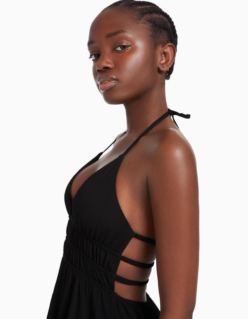 Vestido longo de crepe franzido