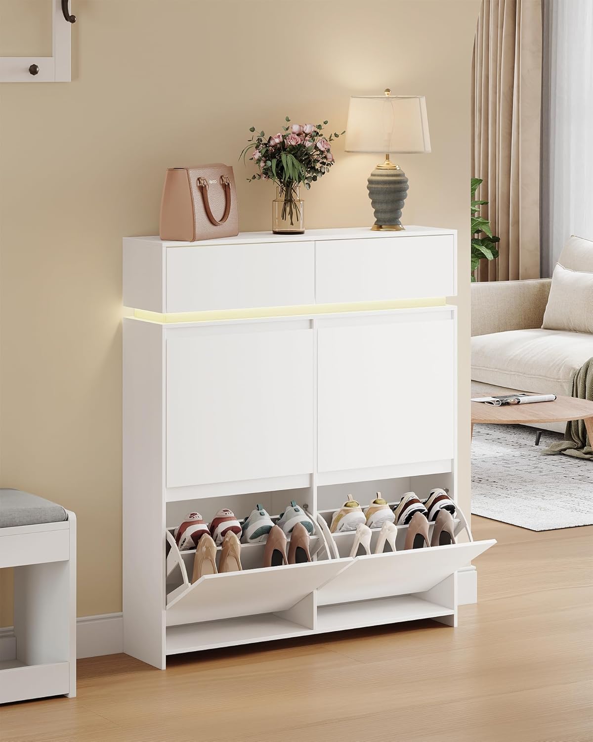 Hzuaneri Schuhschrank, Schuhkipper Schmal mit LED-Leuchten, Schuhregal, Verstellbare Regalböden, 20 Paar, 4 Klappen(100B cm), Schuhaufbewahrung für Eingang, Flur, Weiß SR53603XEU RI7557529