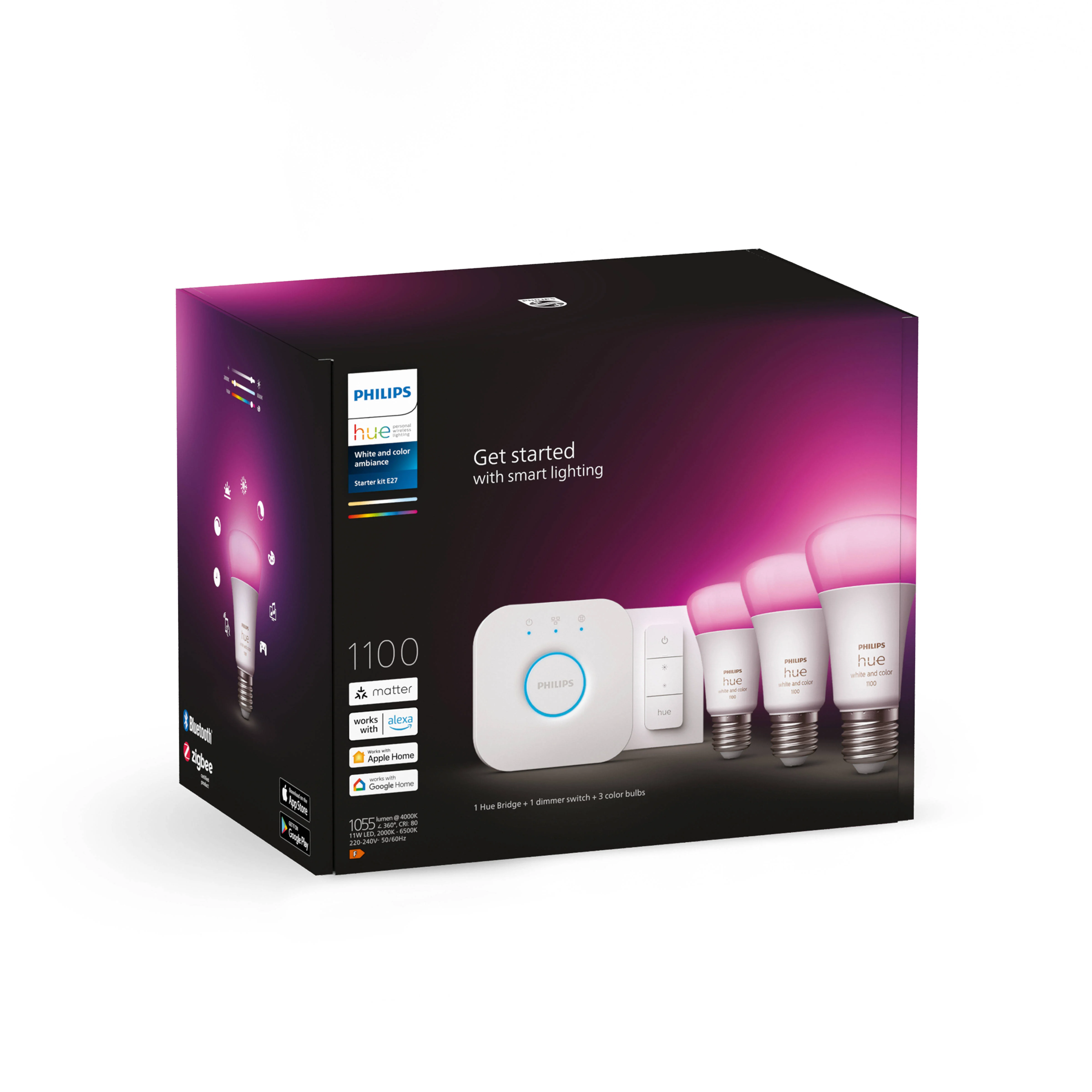 Philips Hue starterkit - wit en gekleurd - 3 lampen - E27 - 1100lm - 1 dimmer switch