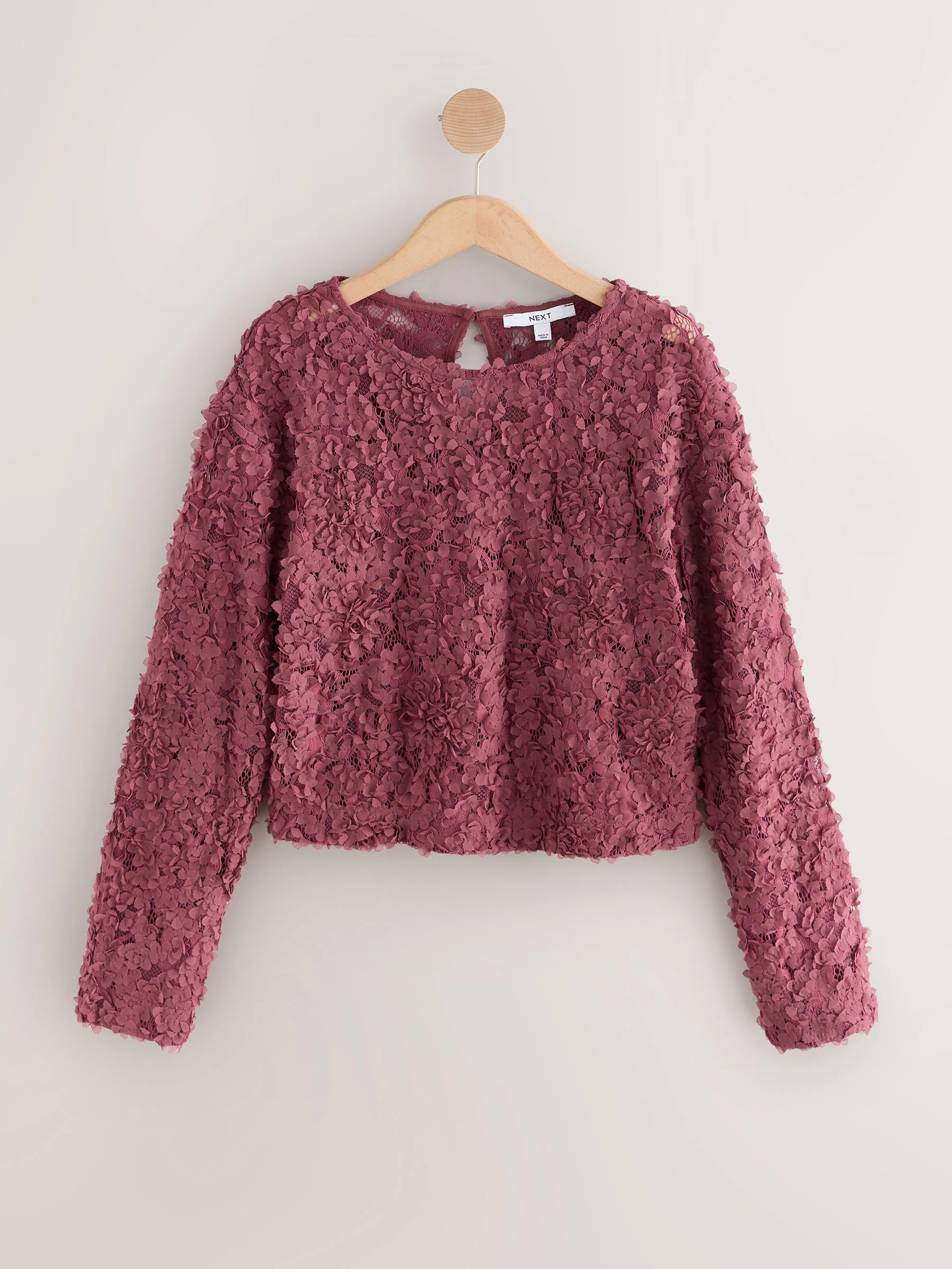 Mauve-paars - 3D Floral Long Sleeve Crew Neck Top