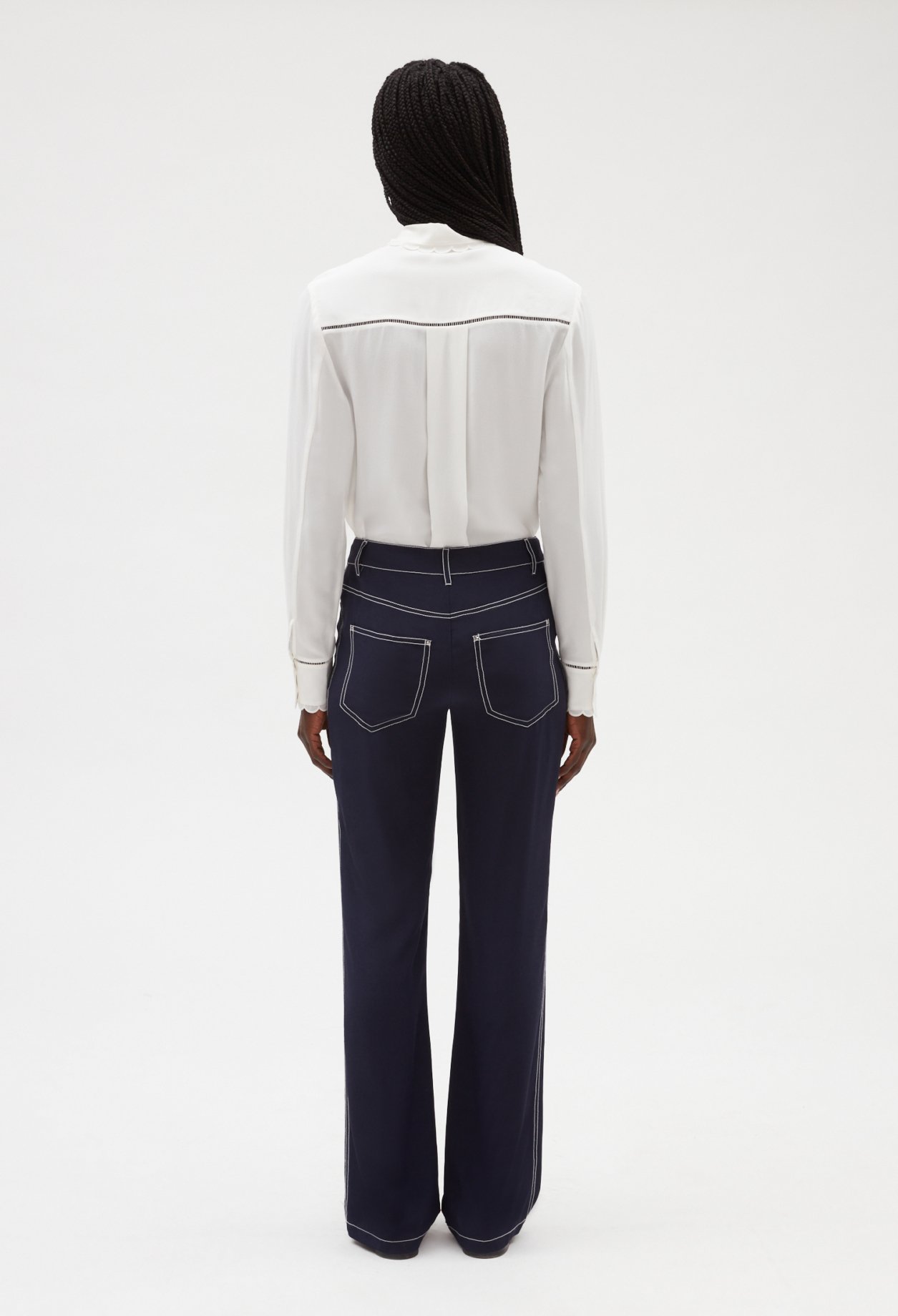 Pantalon droit long soie bleue