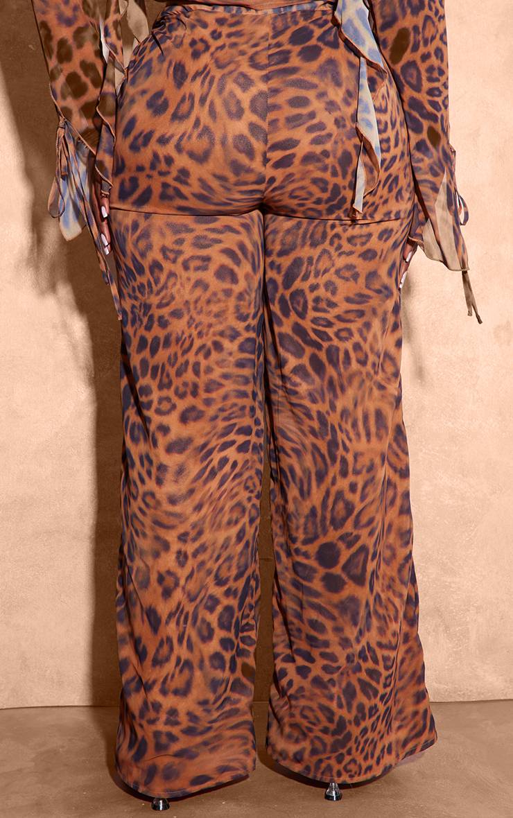 Marron Pantalon Large Taille Mi-haute En Mousseline Imprimé Léopard Grande Taille