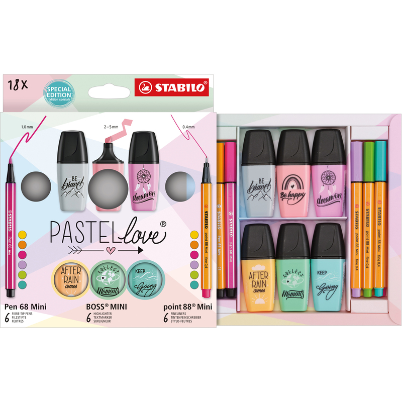 Stabilo Fineliner/Leuchtstifte-Set Mini World Pastellove, 18-teilig, assortiert