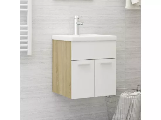 Armoire d'évier Blanc et chêne sonoma Bois d’ingénierie