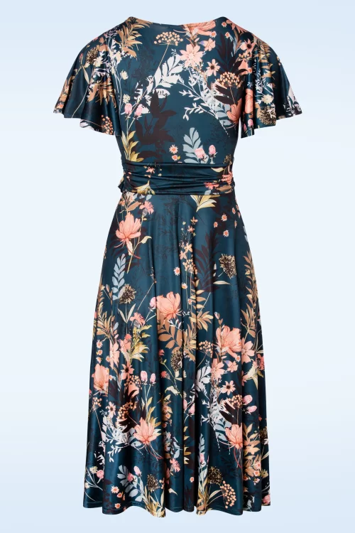 Vintage Chic for Topvintage Irene overslag swingjurk met bloemenprint in petrol blauw