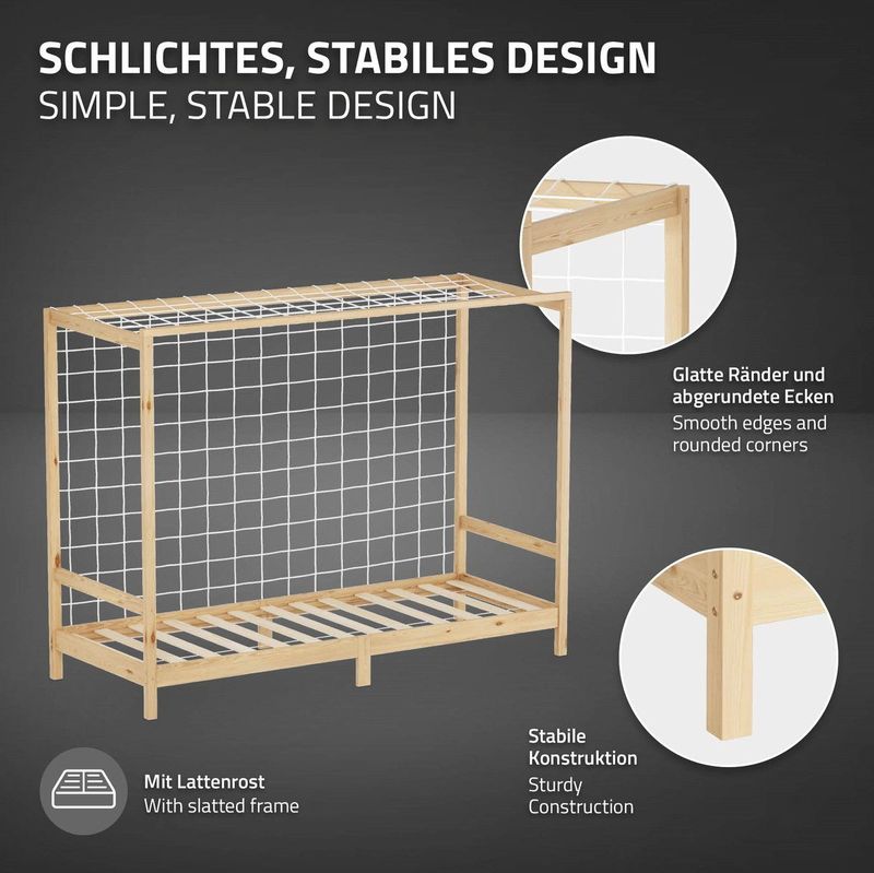 ML-Design - Kinderbed - Natuurlijk Grenen - 90x200 cm - Voetbaldoel - Massief Houten Slaapframe