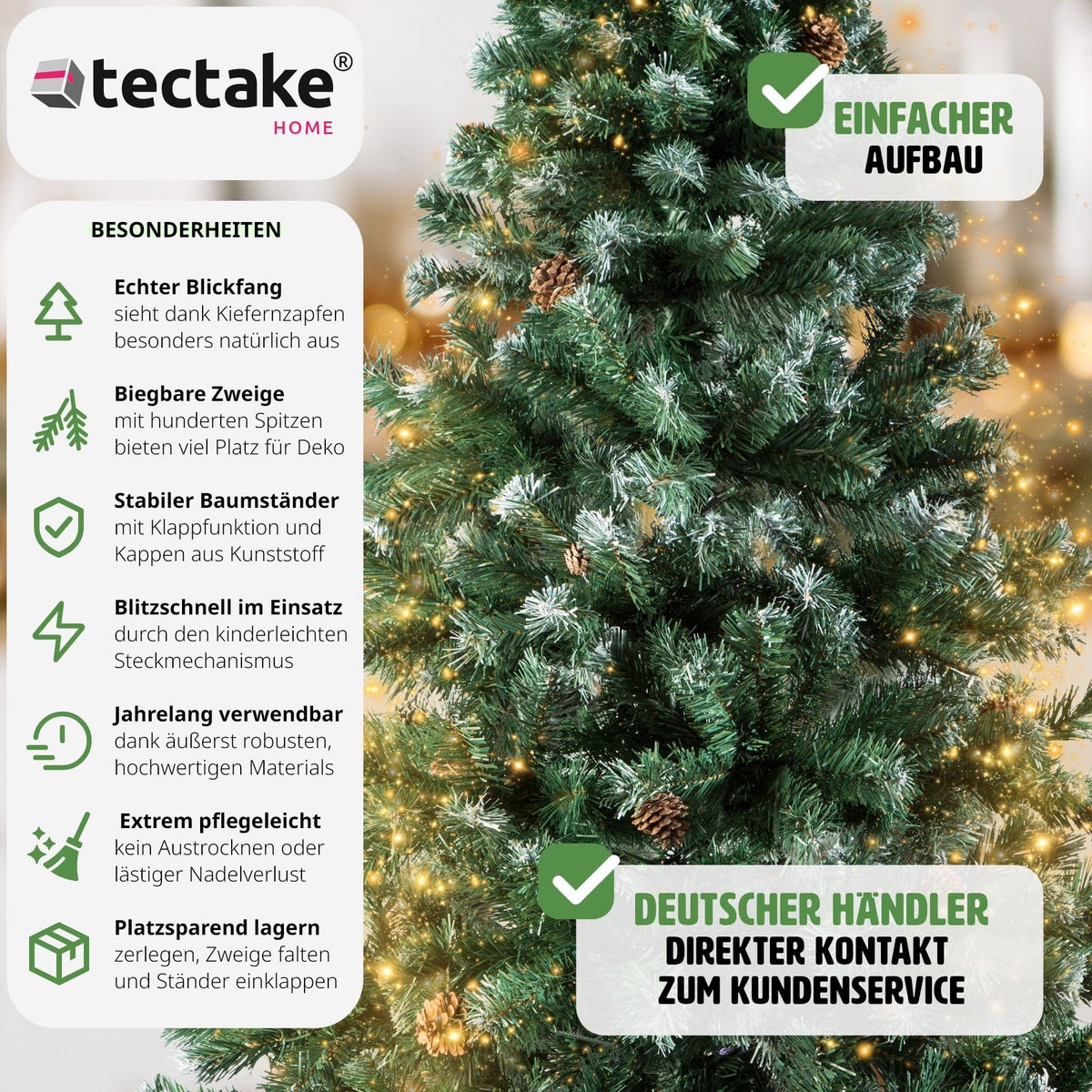 tectake 180 cm kunstkerstboom met kegels, inclusief metalen standaard met kunststof doppen
