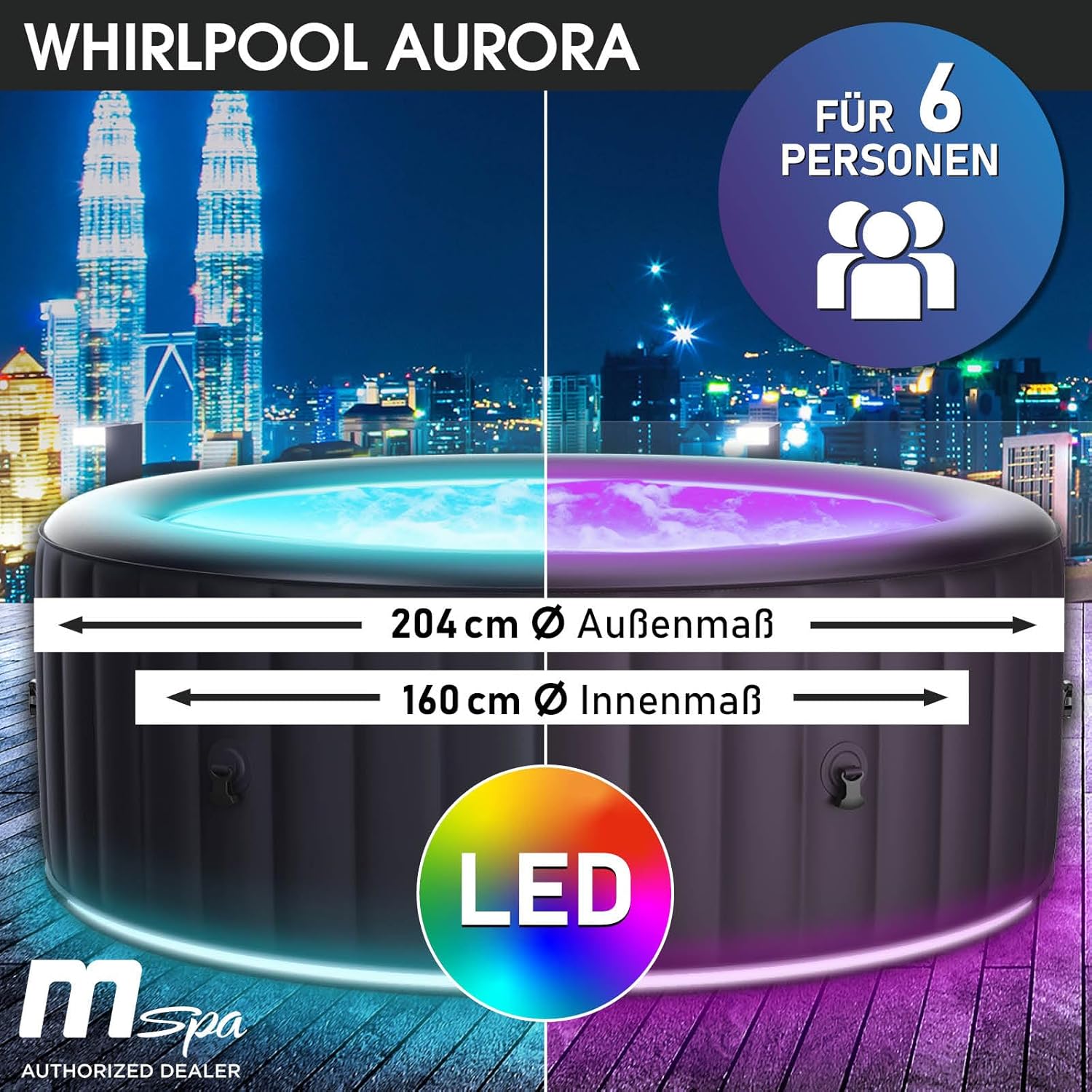 BRAST Whirlpool aufblasbar MSpa Aurora mit LED-Beleuchtung für 6 Personen Ø204x70cm In- Outdoor Pool 138 Massagedüsen Energiespar-Timer Heizung Bubble Wellness Massage