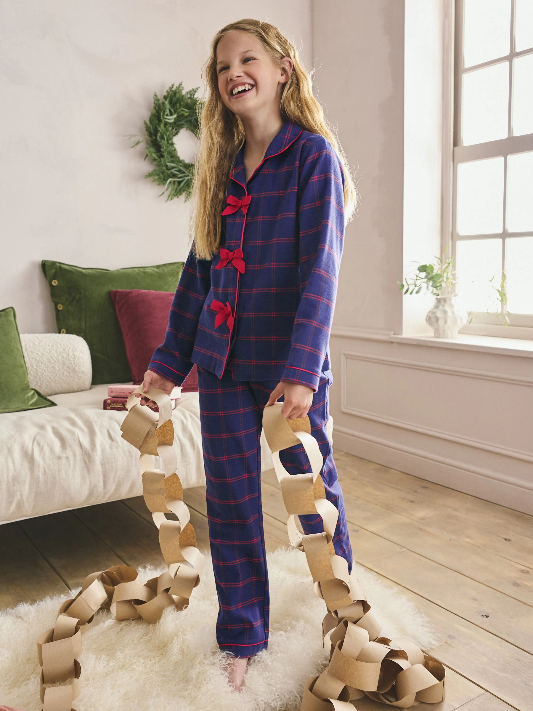 Navy/Red Bow - Geweven pyjama met knopen (4-16jr)