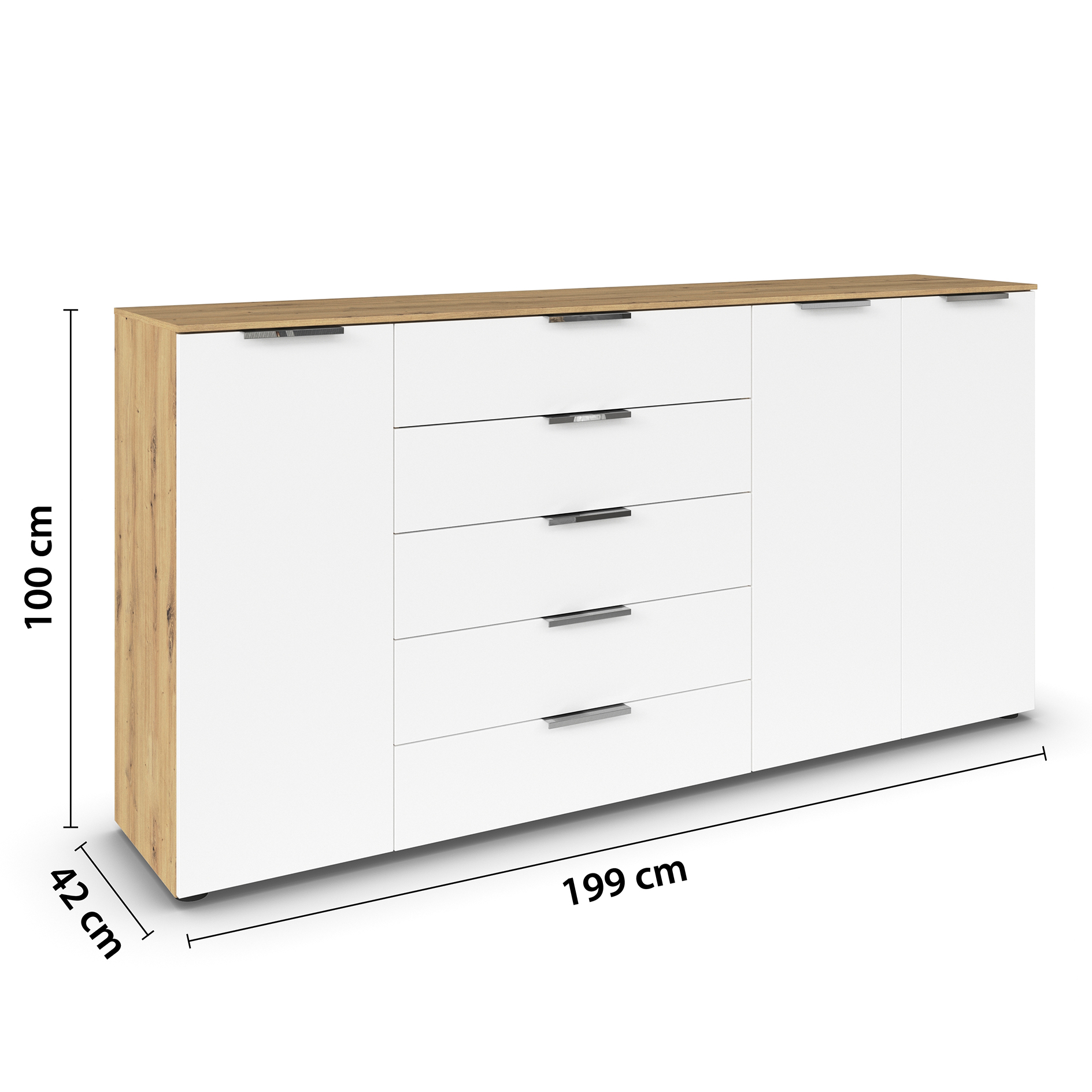 Kommode - Artisan Eiche-alpinweiß - Chromgriffe - 199 cm