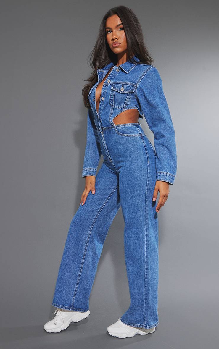 Mid Blue Wash Combinaison En Denim À Taille Découpée