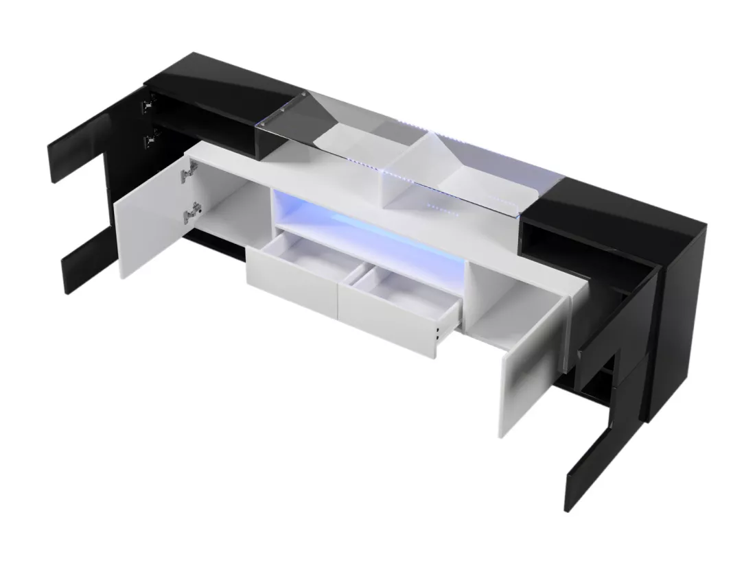 Meuble TV - 200x38x48cm - Blanc et noir brillant - 4 portes, 2 tiroirs, 3 compartiments