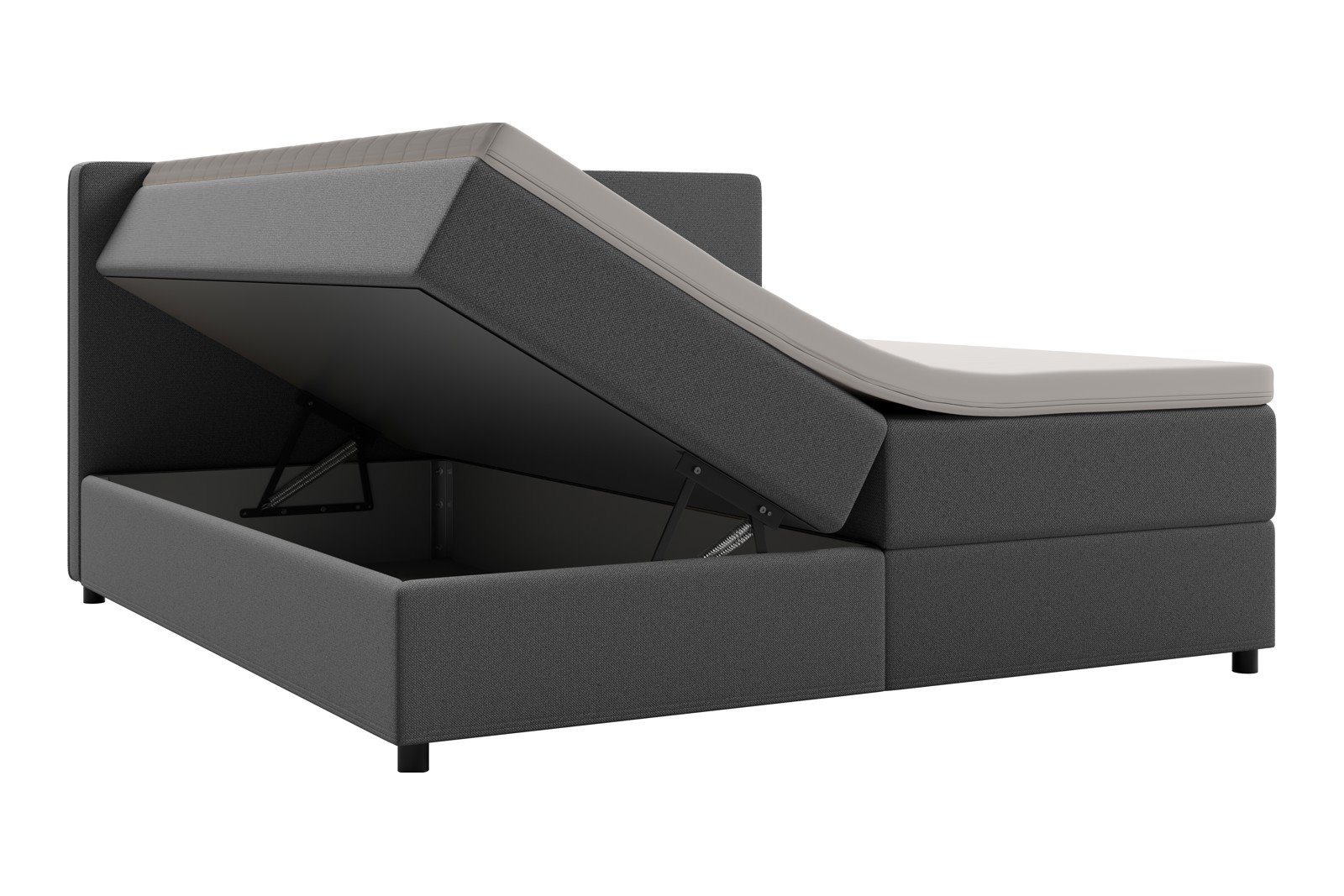Premium 10 oppbevaringsseng 180x200 cm Magasinseng med oppbevaring, åpnes fra siden. I tekstil terranova 9 grå, med medium/fast fasthetsgrad og premium 10 overmadrass,sorte ben. Sengegavl selges separat.