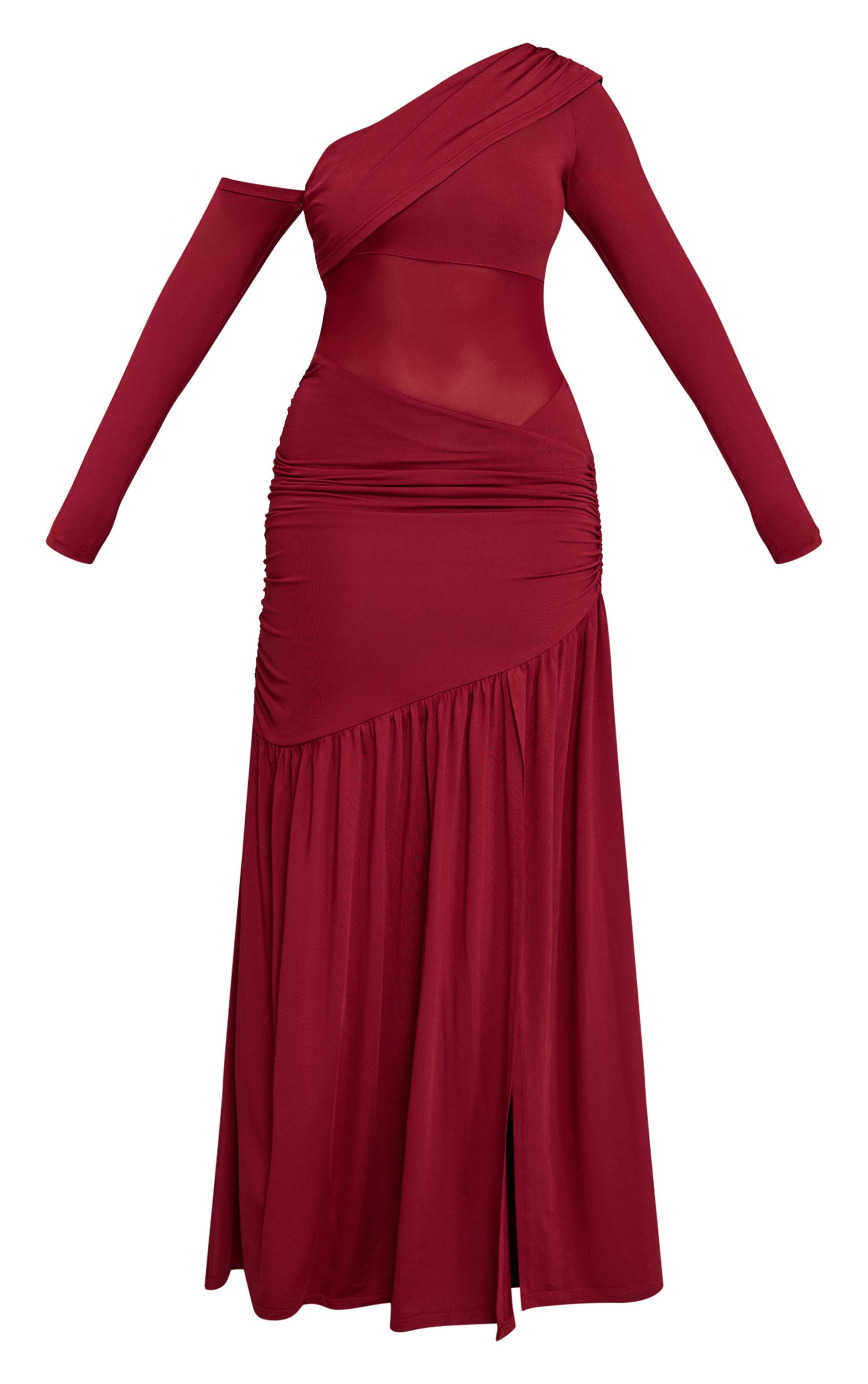 Rouge Bordeaux Robe Maxi Asymétrique Bardot À Détail Moulant En Résille