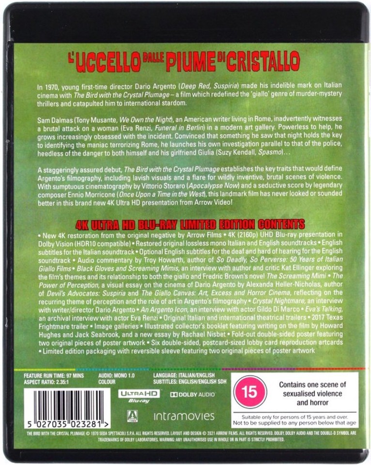 The Bird with the Crystal Plumage - Arte Originale Limited Edition 4K UHD Blu-ray- UK Import - Dario Argento Uccello Dalle Plume