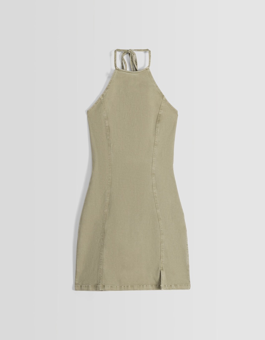 Vestido curto de sarja desbotada com decote halter
